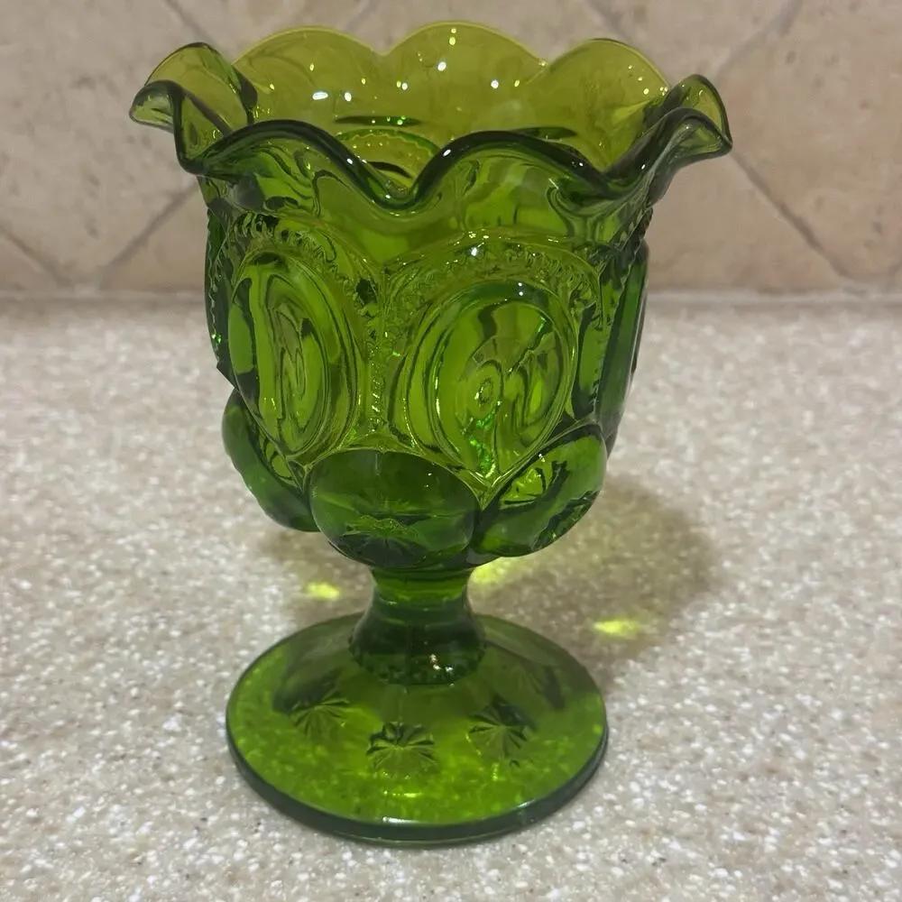 Vintage LE Smith Green Moon & Stars‎ Ruffled Footed Open Vase Compote 5 3/4